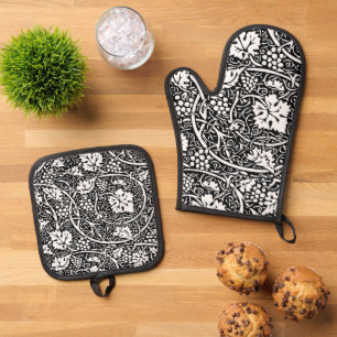 Ensemble De Gant De Cuisine Et De Manique Motif de vigne de raisin noir et blanc de William 