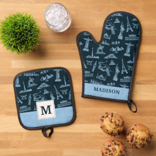 Ensemble De Gant De Cuisine Et De Manique Motif De Voyage En Motif Blues