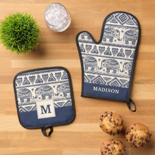 Ensemble De Gant De Cuisine Et De Manique Motif d'éléphant ethnique bleu