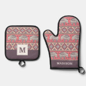 Ensemble De Gant De Cuisine Et De Manique Motif d'éléphant ethnique rose (Recto)