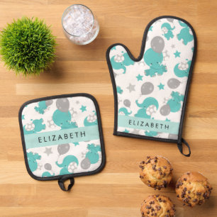 Ensemble De Gant De Cuisine Et De Manique Motif Des Eléphants Bleus, Étoiles, Votre Nom