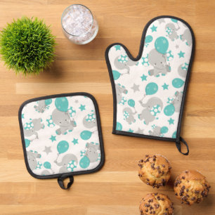Ensemble De Gant De Cuisine Et De Manique Motif Des Eléphants, Eléphants Mignons - Gris Bleu