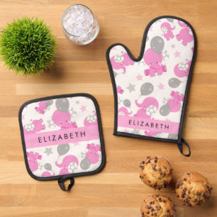 Ensemble De Gant De Cuisine Et De Manique Motif Des Eléphants Roses, Étoiles, Votre Nom