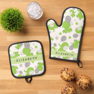 Ensemble De Gant De Cuisine Et De Manique Motif Des Eléphants Verts, Étoiles, Votre Nom