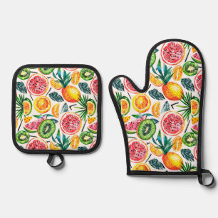 Ensemble De Gant De Cuisine Et De Manique Motif détaillé esquissé à l'aquarelle de fruit du