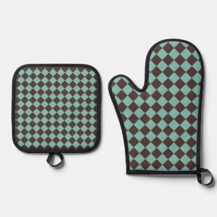 Ensemble De Gant De Cuisine Et De Manique Motif diamant à carreaux brun sarcelle