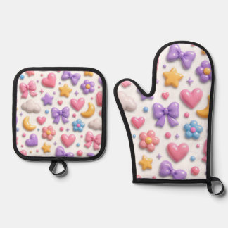 Ensemble De Gant De Cuisine Et De Manique Motif d'icônes pastel de bonbons mignons
