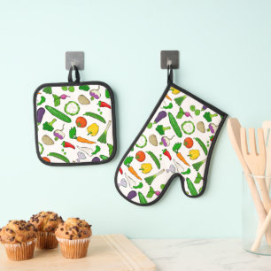 Ensemble De Gant De Cuisine Et De Manique Motif d'illustrations de légumes mixtes