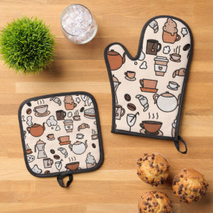 Ensemble De Gant De Cuisine Et De Manique Motif d'objets de la Boutique de thé et café
