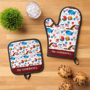 Ensemble De Gant De Cuisine Et De Manique motif drapeau américain 4 juillet BBQ