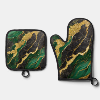 Ensemble De Gant De Cuisine Et De Manique Motif en marbre vert avec or