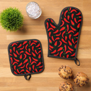 Ensemble De Gant De Cuisine Et De Manique Motif épicé de poivre rouge chili