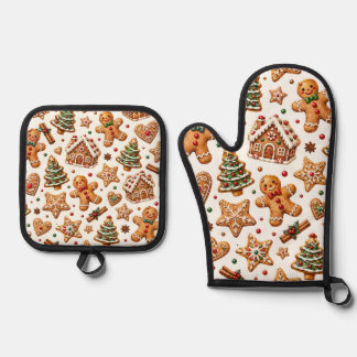 Ensemble De Gant De Cuisine Et De Manique Motif festif de Noël au pain d'épices aquarelle