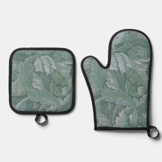 Ensemble De Gant De Cuisine Et De Manique Motif feuille d'acanthe bleu sarcelle de William M