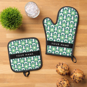 Ensemble De Gant De Cuisine Et De Manique Motif feuille, Feuilles verts, votre nom