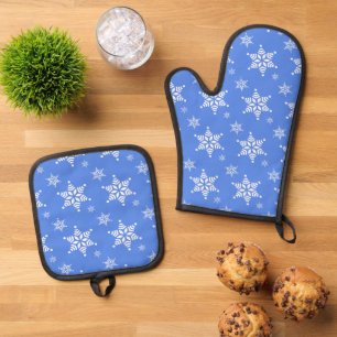 Ensemble De Gant De Cuisine Et De Manique Motif Flocon de Neige, Flocons Blancs, Neige, Bleu