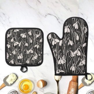 Ensemble De Gant De Cuisine Et De Manique Motif flocon noir et blanc