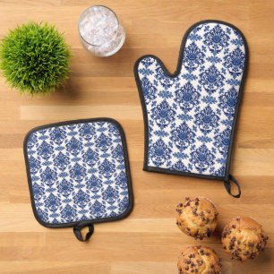 Ensemble De Gant De Cuisine Et De Manique Motif floral baroque bleu royal et blanc de luxe