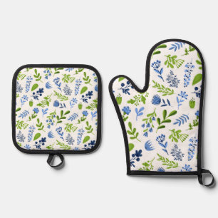 Ensemble De Gant De Cuisine Et De Manique Motif floral bleu et vert