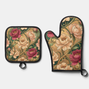 Ensemble De Gant De Cuisine Et De Manique Motif floral de pivoine magenta et tourbillons dor