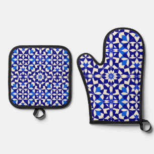 Ensemble De Gant De Cuisine Et De Manique Motif floral géométrique bleu marine