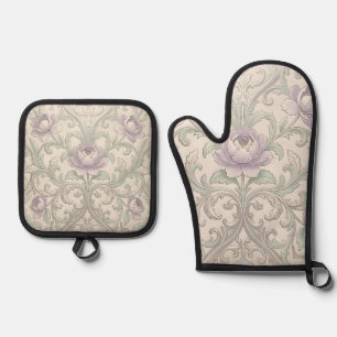 Ensemble De Gant De Cuisine Et De Manique Motif floral orné de pivoine argentée lavande