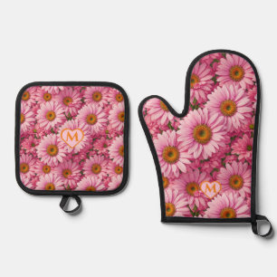 Ensemble De Gant De Cuisine Et De Manique Motif floral rétro rose aux marguerites