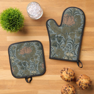Ensemble De Gant De Cuisine Et De Manique Motif floral victorien antique terre cuite sauge