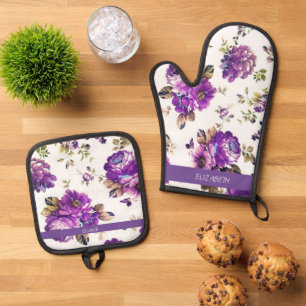 Ensemble De Gant De Cuisine Et De Manique Motif floral violet moderne