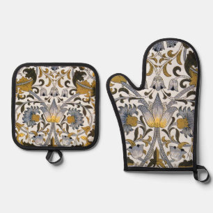 Ensemble De Gant De Cuisine Et De Manique Motif floral William Morris Lodden : bleu or