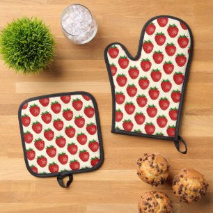 Ensemble De Gant De Cuisine Et De Manique Motif fraises, fraises rouges, fruits, feuilles