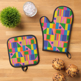 Ensemble De Gant De Cuisine Et De Manique Motif géométrique moderne coloré du Moyen-siècle
