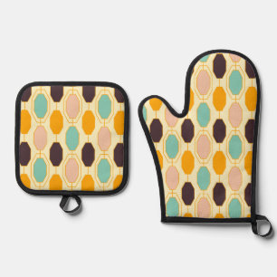 Ensemble De Gant De Cuisine Et De Manique Motif géométrique vibrant avec des rangées d'octog