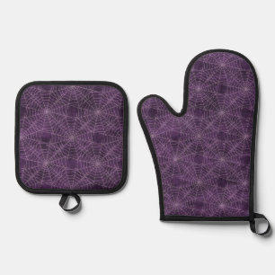 Ensemble De Gant De Cuisine Et De Manique Motif gothique en toile d'araignée violet et argen