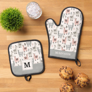 Ensemble De Gant De Cuisine Et De Manique Motif Llamas souriant