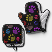 Ensemble De Gant De Cuisine Et De Manique Motif Neon Dog Paw (Recto/Verso)
