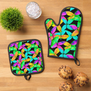 Ensemble De Gant De Cuisine Et De Manique Motif Neonscape Leaf