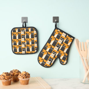 Ensemble De Gant De Cuisine Et De Manique Motif noir jaune rétro chat
