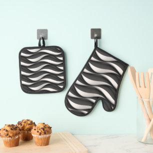 Ensemble De Gant De Cuisine Et De Manique Motif ondulé noir et blanc tridimensionnel