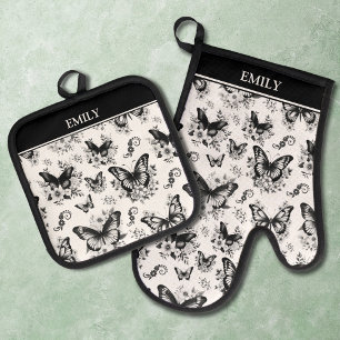 Ensemble De Gant De Cuisine Et De Manique Motif papillon noir et blanc nom personnalisé
