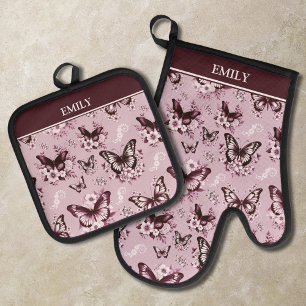 Ensemble De Gant De Cuisine Et De Manique Motif papillon rose nom personnalisé