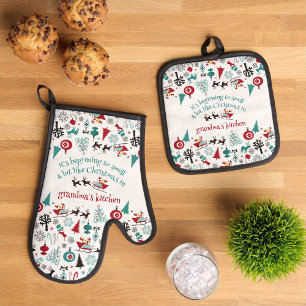 Ensemble De Gant De Cuisine Et De Manique Motif personnalisé Santa Claus Sleigh Reindeer Orn
