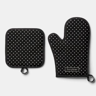 Ensemble De Gant De Cuisine Et De Manique Motif Points Blancs sur Fond Noir avec Nom Personn