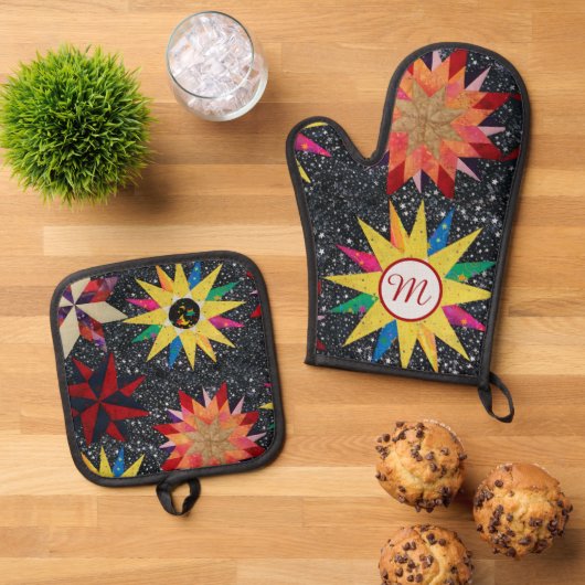 Ensemble De Gant De Cuisine Et De Manique Motif Quilt Star Patchwork (De haut en bas)