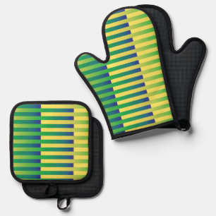 Ensemble De Gant De Cuisine Et De Manique Motif rayé vert jaune bleu