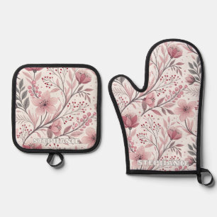 Ensemble De Gant De Cuisine Et De Manique Motif Sakura en fleurs de cerises roses sur blanc