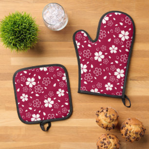 Ensemble De Gant De Cuisine Et De Manique Motif Sakura Rouge