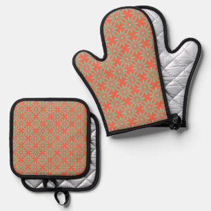 Ensemble De Gant De Cuisine Et De Manique Motif sans couture de fleurs d'aquamarine corail