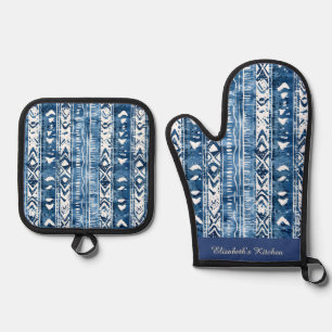 Ensemble De Gant De Cuisine Et De Manique Motif Sashiko bleu et blanc