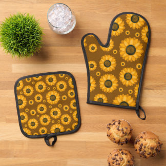 Ensemble De Gant De Cuisine Et De Manique Motif Tournesol Doré